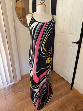 Frank Lyman Design Black Maxi with Pink, Teal & Yellow Swirl Print